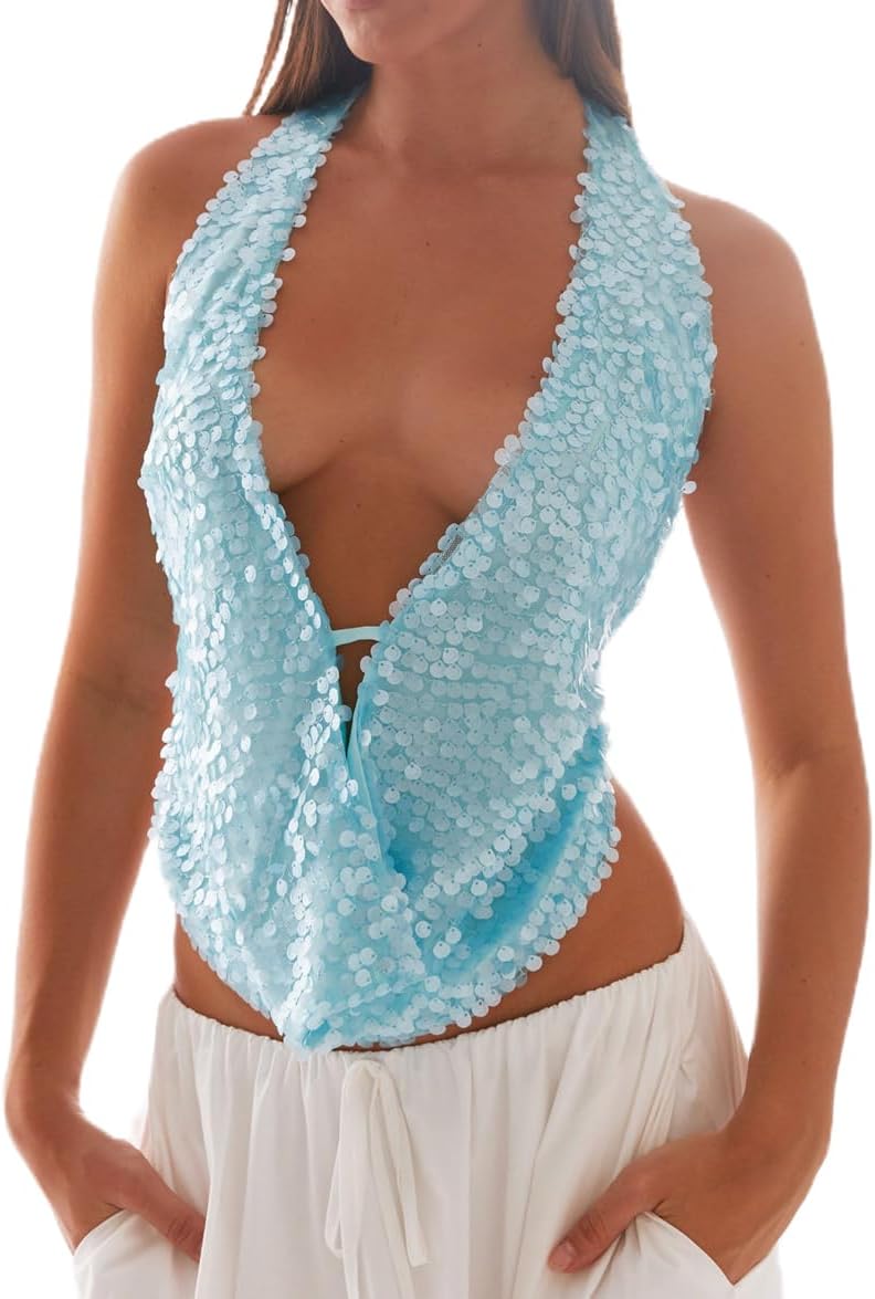 Women Halter Sequin Tank Top Sexy Y2K V Neck Low Cut Sleeveless Backless Vest Coquette Sparkly Summer Club Streetwear