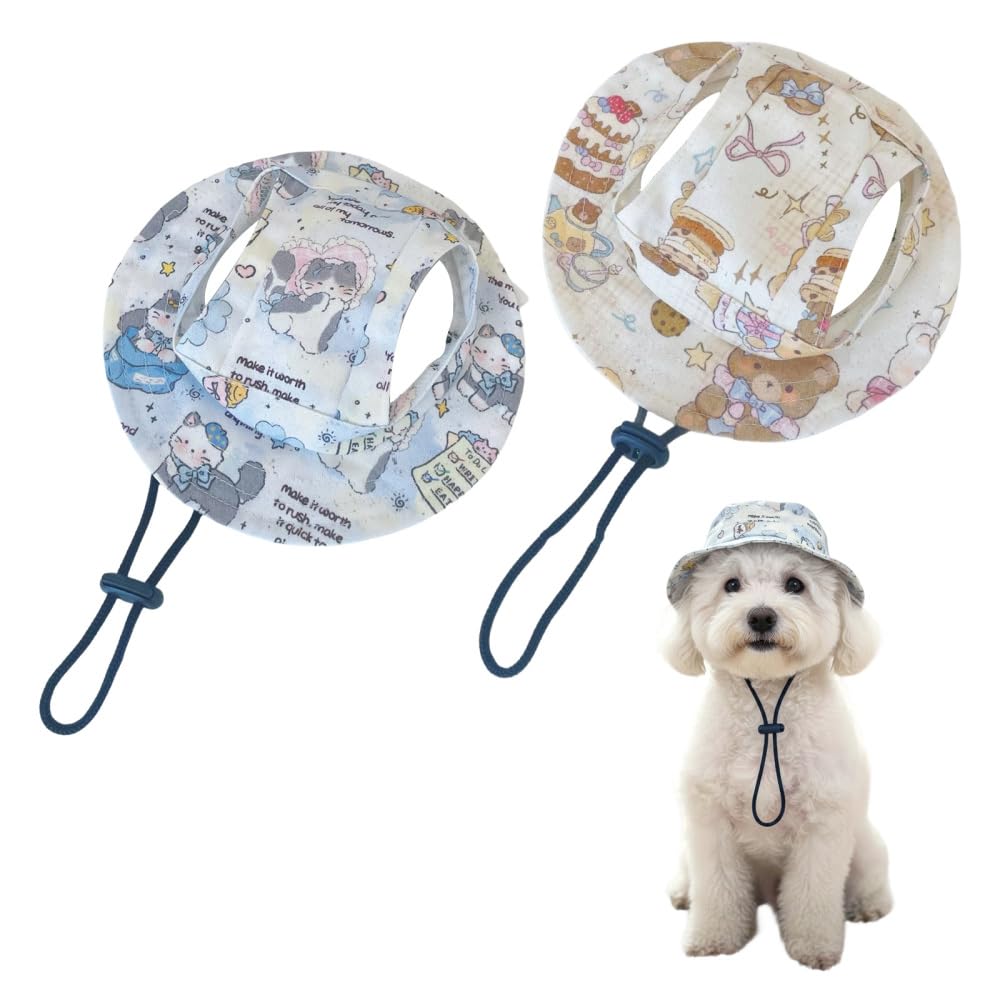 Dog Sun Hat with Ear Holes, 2Pcs Breathable Dog Bucket Hat Adjustable Outdoor Puppy Caps for Small-Medium Pets