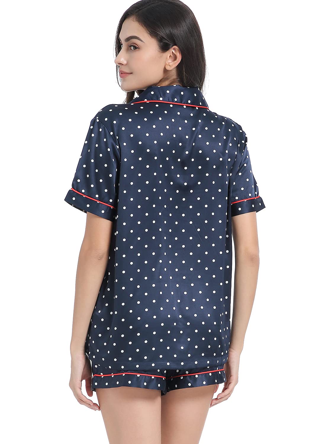Serenedelicacy - Pijama de satén para mujer, conjunto de 2 piezas, ropa de dormir, ropa de estar por casa, abotonado, manga corta, sedoso