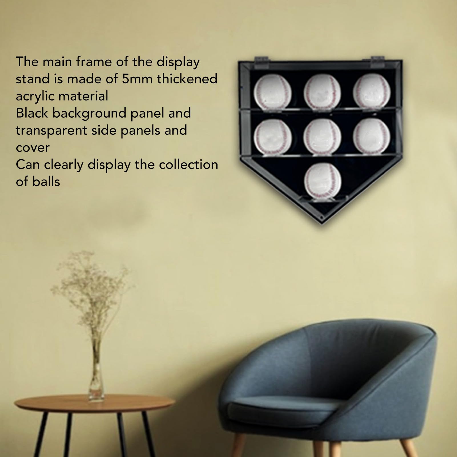 Fyearfly Vetrina baseball per montaggio a parete Coperchio sigillante magnetico in acrilico premium Scaffale di stoccaggio a 7 fori per collezionisti di palline tennis baseball Nero