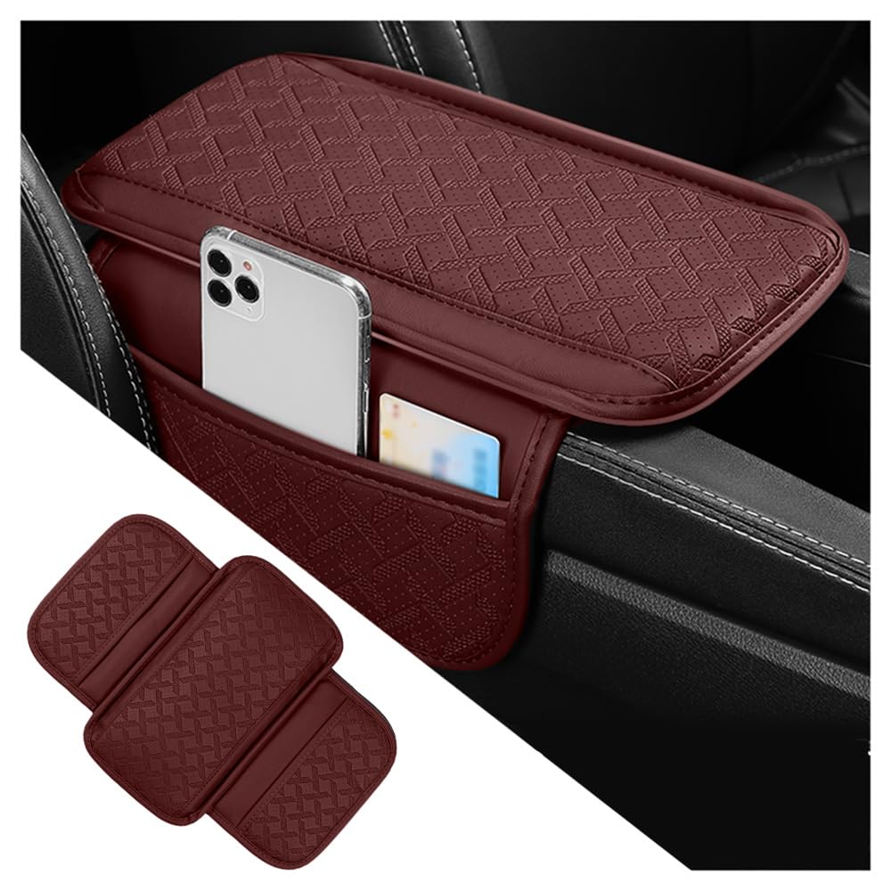 carleef Car Armrest Cover with Pocket Organizer,Leather Middle Console Cover Distributes Elbow Stress,Upgraded Center Console Armrest Cover Increase Car Storage (Red)