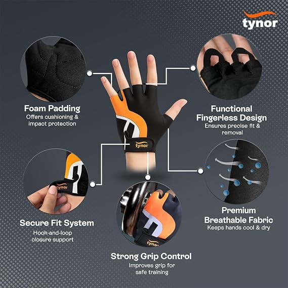 TYNOR Training Gym Gloves Padded Weight Lifting Gloves with Wrist Wrap Extra Grips Adjustable Full Palm Protection Fitness Fingerless Glove for Men & Women, Crossfit, Climbing,1 Pair