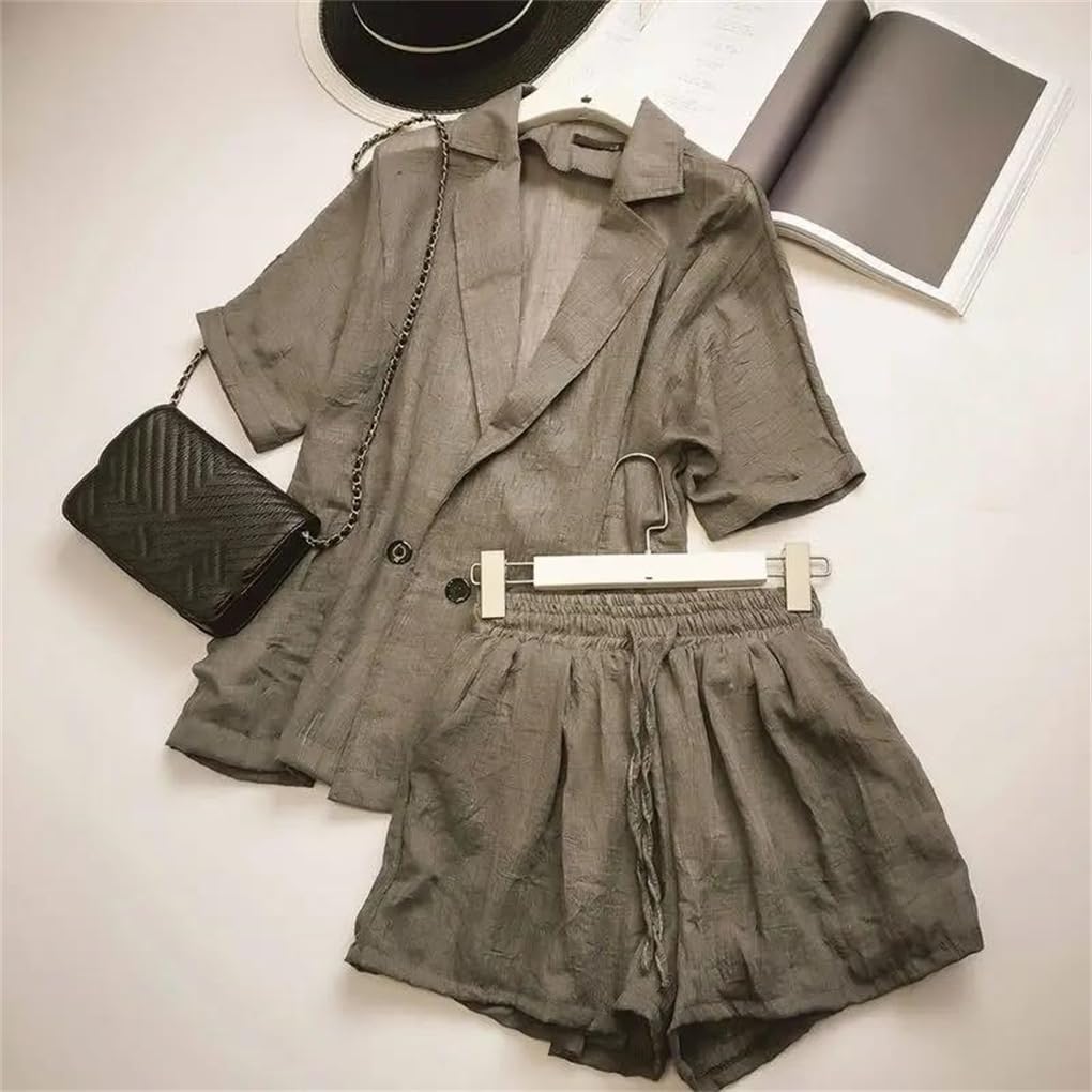 Women Linen Short Sleeve Blazer Set, Thin Korean Blazer Slim Shorts Casual Two-Piece Outfits