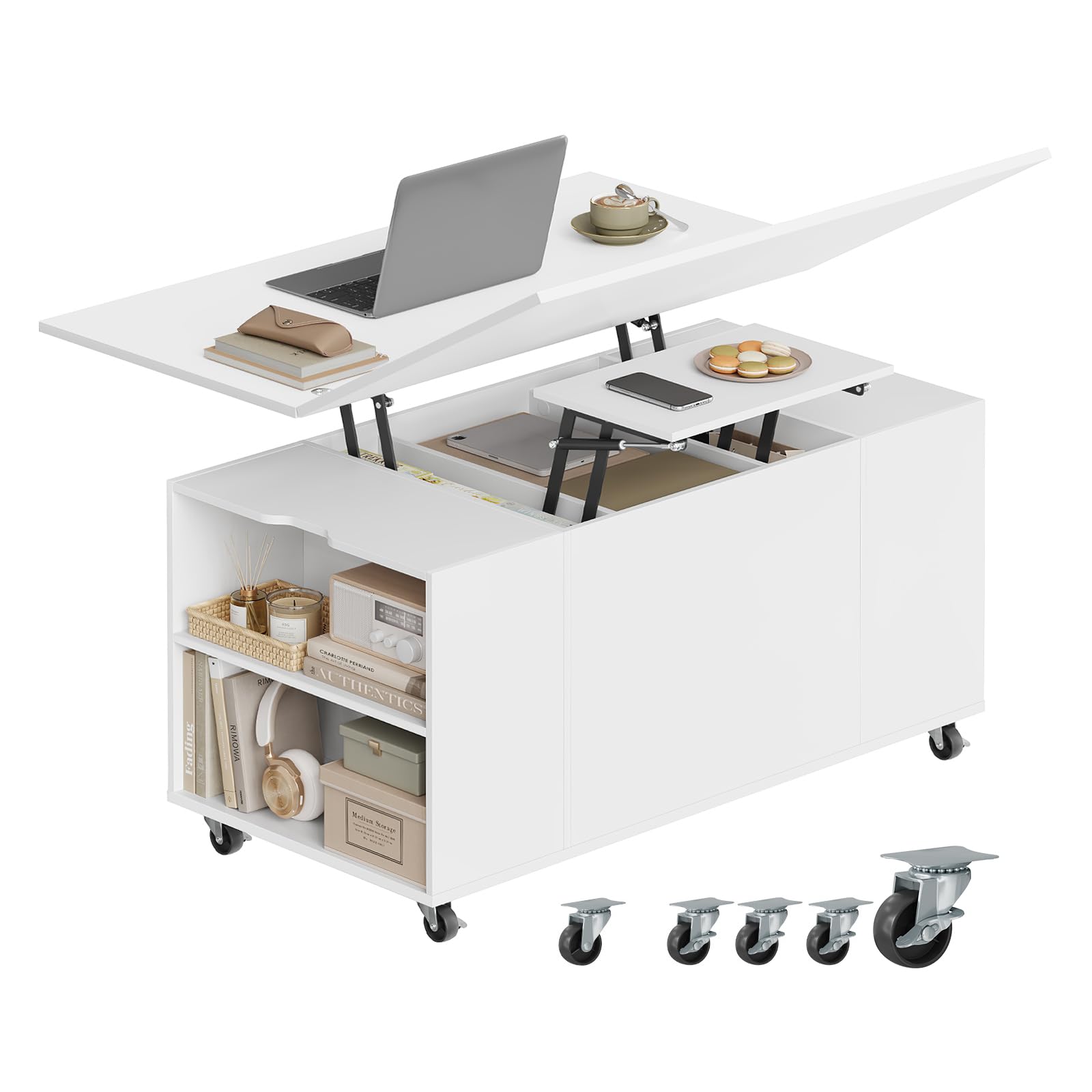 WOLTU Mesa de Centro con Tapa Elevable y Ruedas, Mesa Extensible y de Altura Regulable con Doble Tapa Elevable, Cajón y Compartimentos de Almacenamiento, para Salón u Oficina, Blanco
