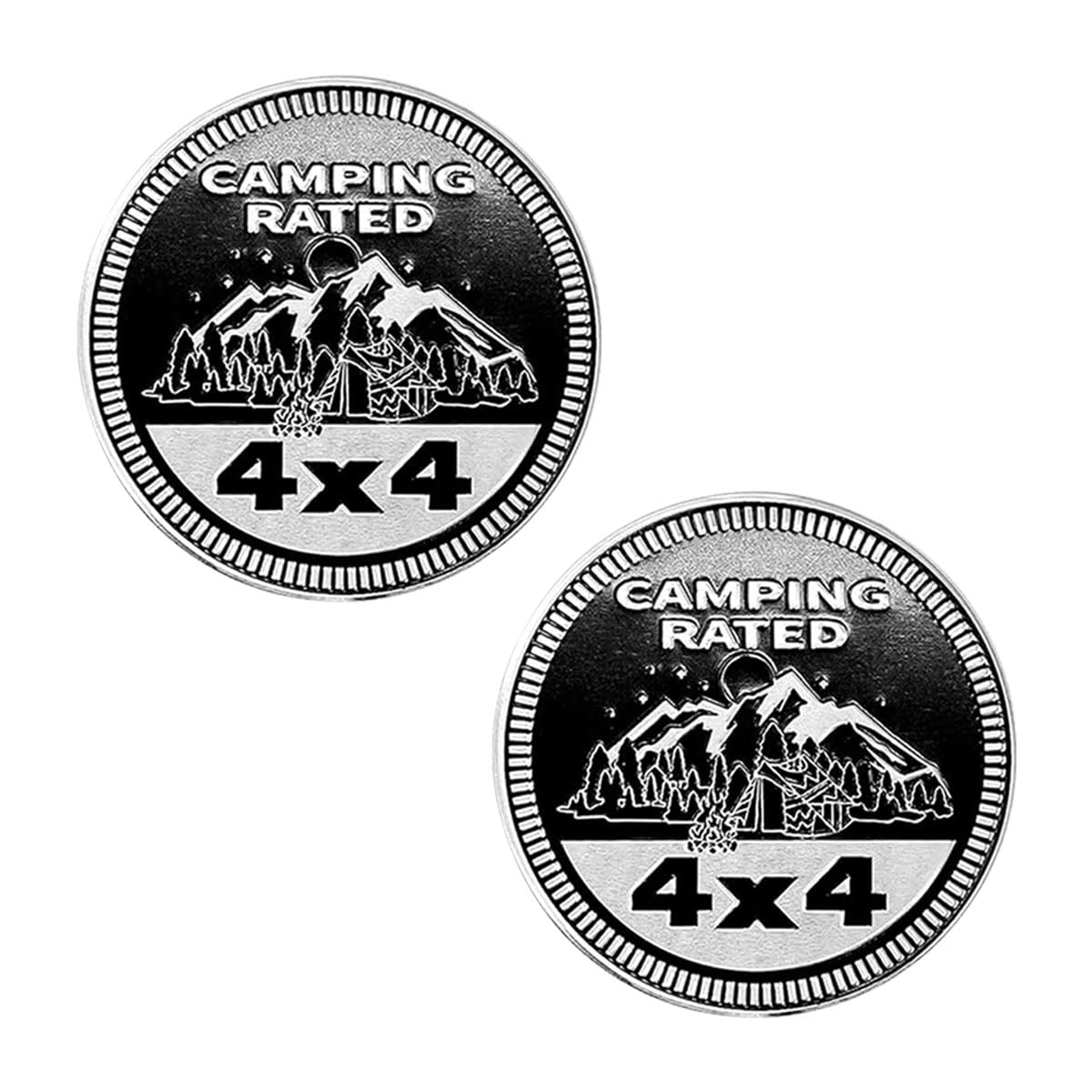 Camping Rated 3D Metal Car Badge Decals, 4x4 Round Emblem Decals, Compatible with Jeep Wrangler Vehicles, Trucks, SUV, RV (2PCS)