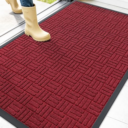 Image of OLANLY Front Door Mat Outside Entrance 47x32, Absorbent, Heavy Duty Sturdy Natural Rubber Doormat Indoor Outdoor, Non-Slip, Stain and Fade Resistant, Low Profile Floor Mat for Entryway, Black Red