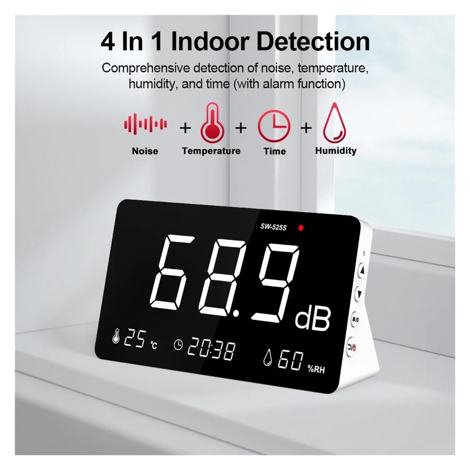 Sonometro, Medidor Decibelios, Medidor de decibelios 4 en 1, medidor de nivel de sonido de 30dB a 130dB, probador de monitoreo de ruido de con medidor de temperatura, humedad/tiempo , medición de ruid