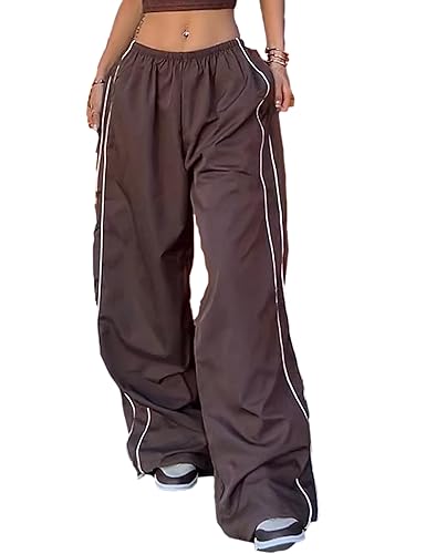 Shebote Womens Parachute Pants Wide Leg Baggy Pants Y2K Elastic Waist Jogger Sweatpants Track Pants Streetwear - Medium - Coffee