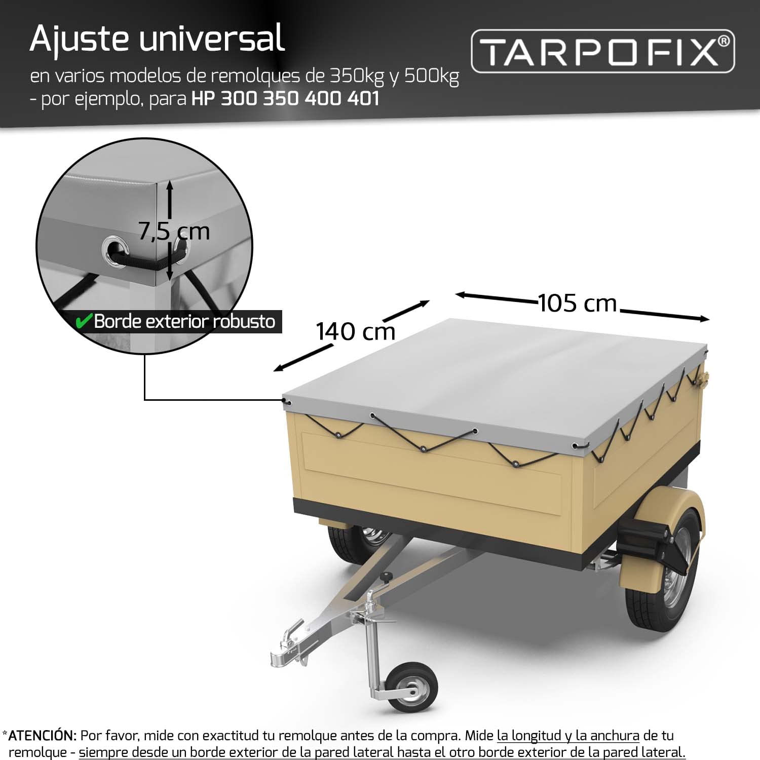 Tarpofix® Cubierta para Remolque 140x105x7,5 cm con Cuerda – PVC Reforzado – Funda Plana para remolques de Coche 350kg & 500kg