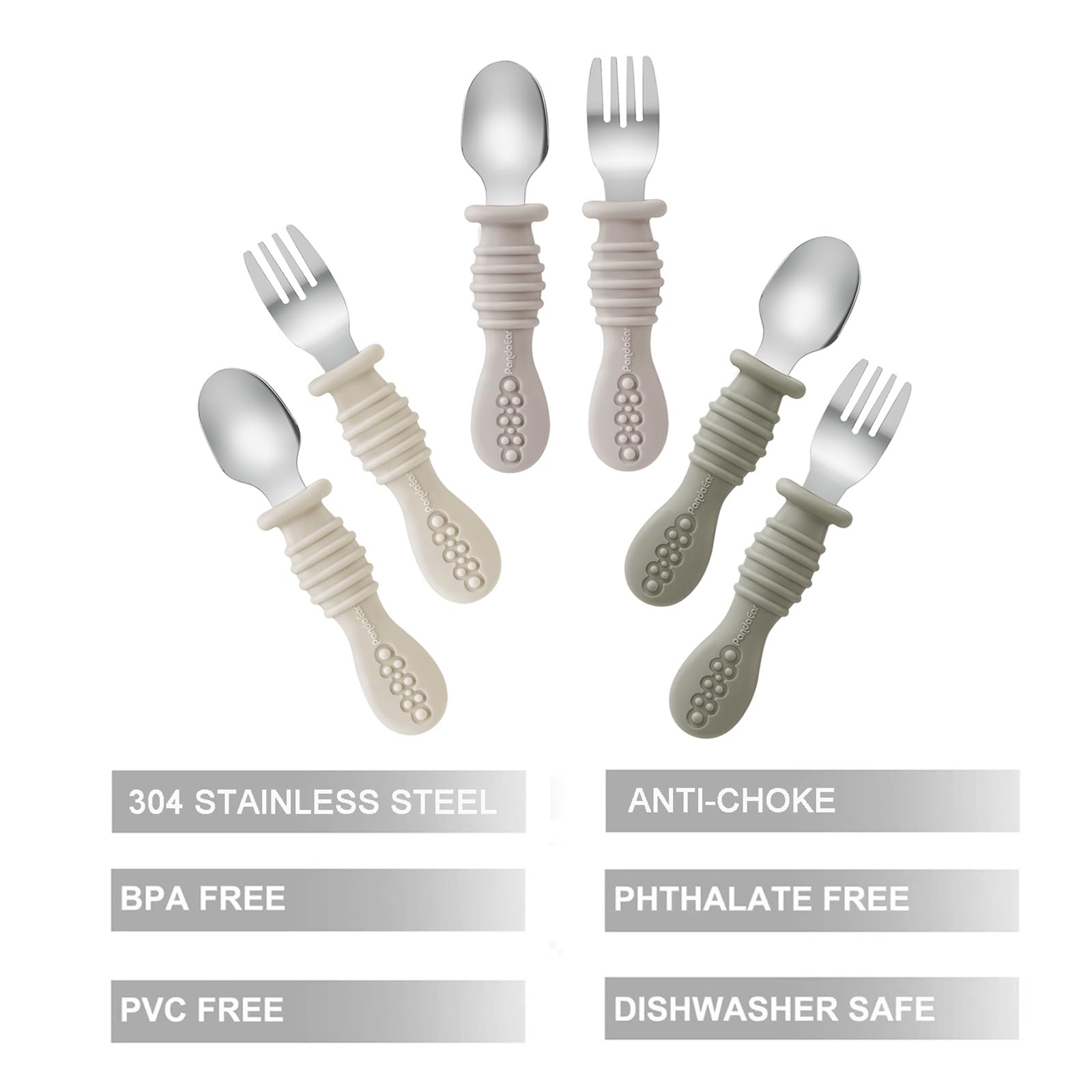 PandaEar Set di 6 Cucchiai e Forchette per Svezzamento del Bambino 6+ Mesi | Cucchiai e Forchette in Silicone per Autoalimentazione del Bambino -Colore Legno Chiaro/Noce