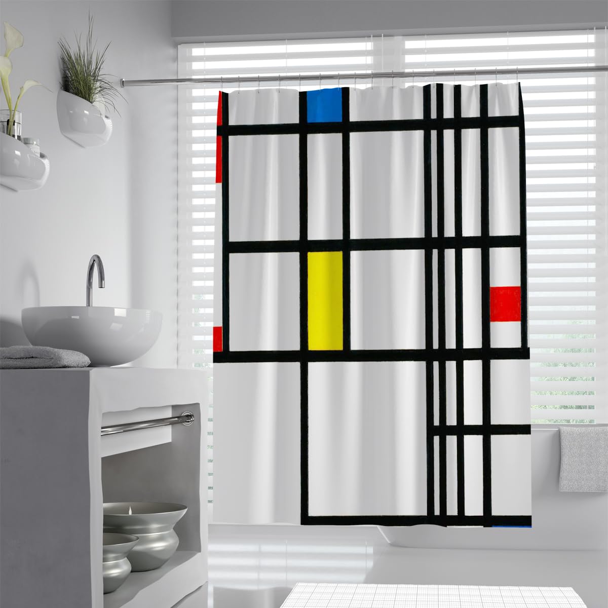 Rideau de Douche à Grille Noire Minimaliste Rideau de Bain Abstrait géométrique Blanc en Tissu Polyester Rouge Jaune Bleu Bloc de Salle de Bain 200 x 220 cm