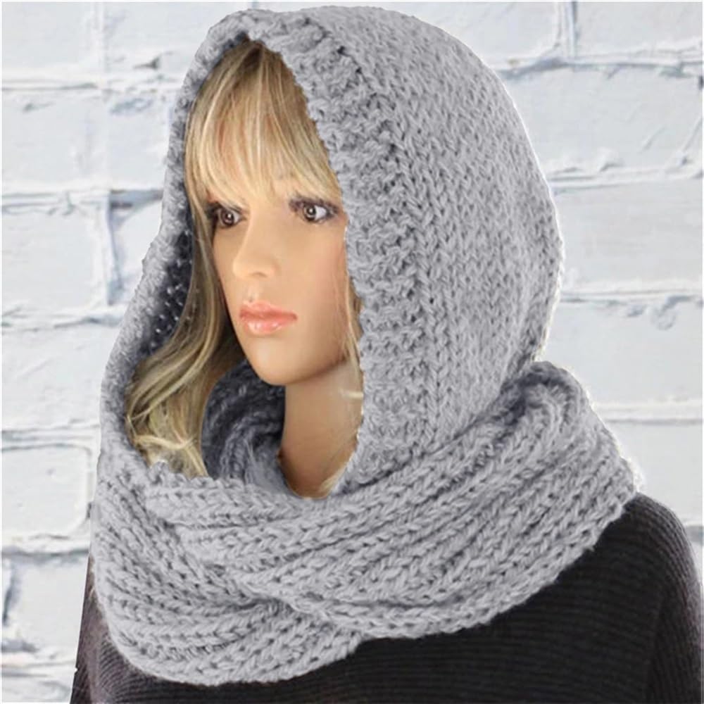 Damen-Schal, Winter, warm, gestrickt, mit Kapuze, modisch, Freizeit, bequem, weich, einfarbig, Plüschmütze, Schal, Bekleidungszubehör