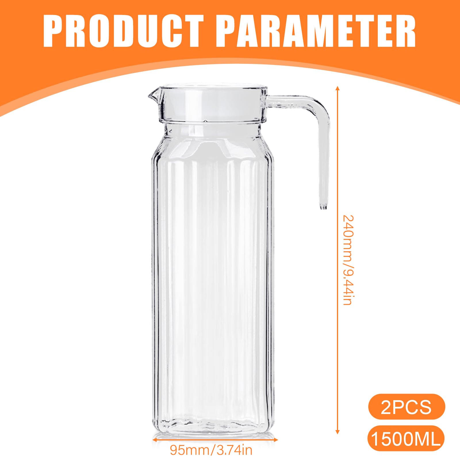2 brocca in plastica con coperchio, 1,5 litri, per frigorifero, senza BPA, a prova di perdite, per frigorifero, per succo, sangria, limonata, acqua, tè freddo, caffè, latte