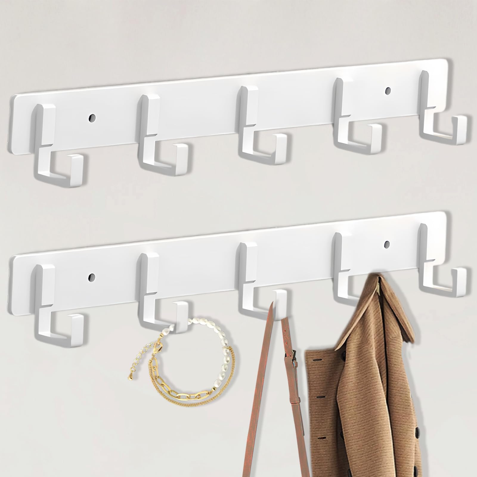 Bosdontek 2 Pack Wall Coat Racks, Heavy Duty Coat Hooks Wall Mounted Clothes Hanger Rustproof Coat Racks Multi-Purpose Wall Hooks Coat Rack for Clothes, Hats, Bags - 2Pcs (White)