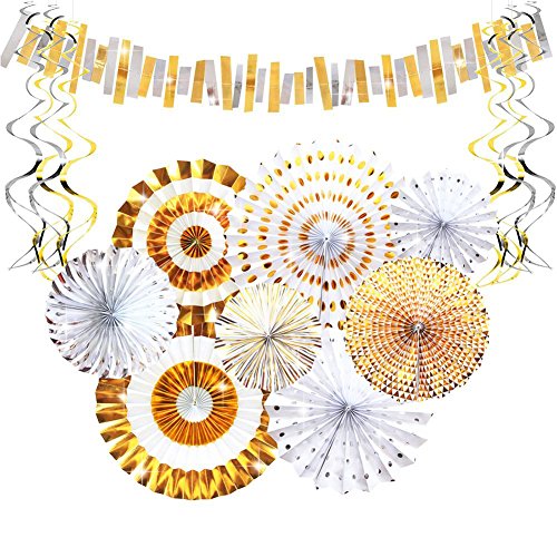Aonor Gold Party Decorations - Sparkly Paper Fan Flowers Banner, Hanging Swirls, Paper Garland Bunting for Baby Shower Backdrop, Birthday Party Wall Decorations
