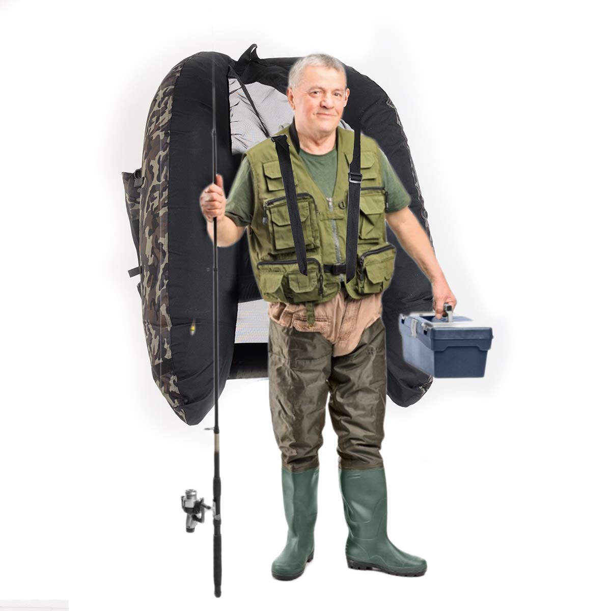 GOPLUS Barco de Pesca Inflable. Barco Neumático Flotante con Respaldo Ajustable para Pesca Camuflaje, Botes y Carga Máxima 160 kg, 136x105x54 cm