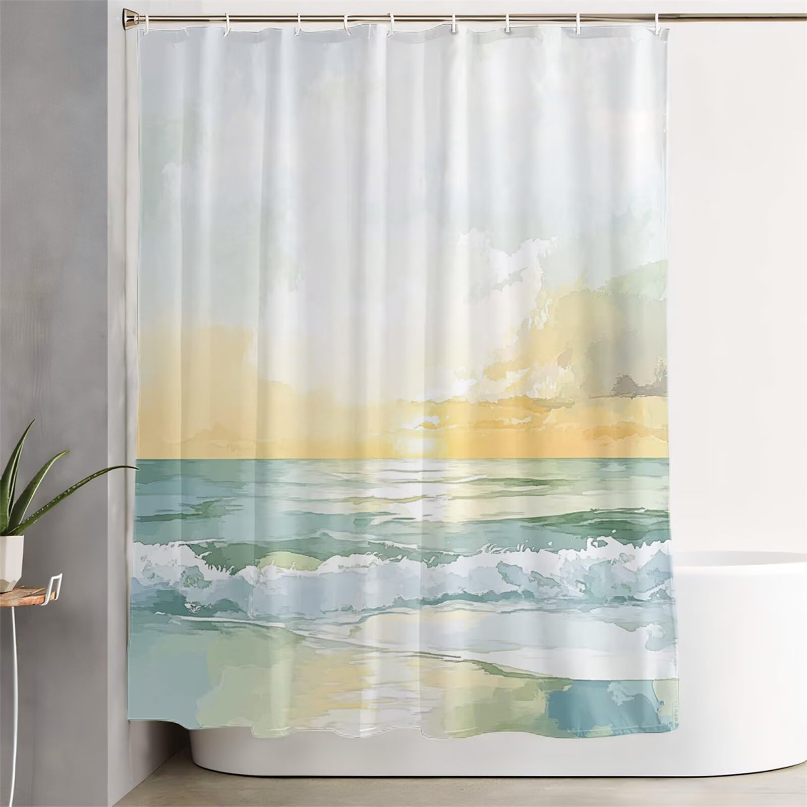 Zasłona prysznicowa z motywem oceanu, 240 x 200 cm, bardzo długa zasłona prysznicowa do łazienki, zachód słońca, wodoodporna zasłona na drzwi z haczykami i obciążonym brzegiem, zmywalna, szybkoschnąca