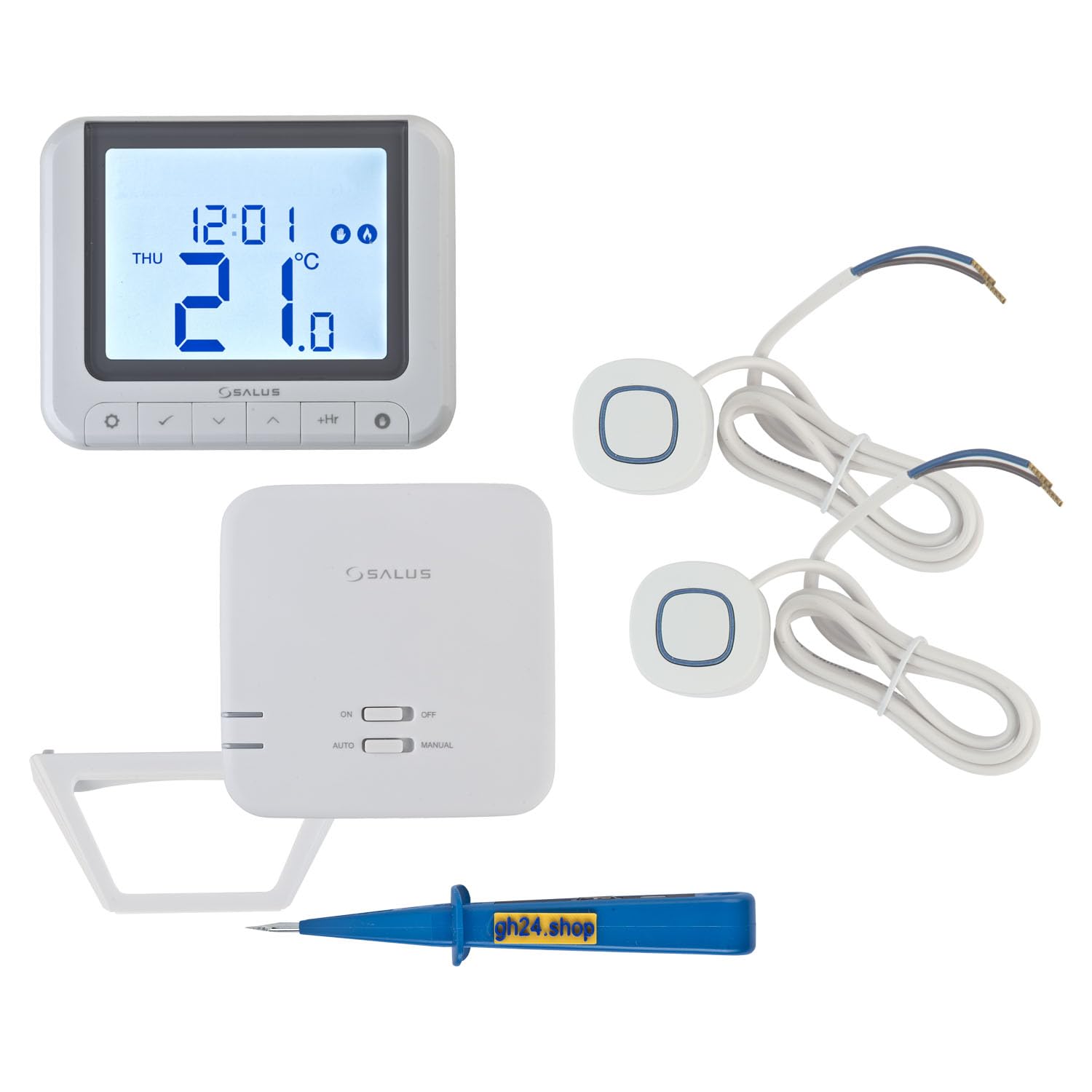 SALUS Controls Heizung Einzelraumregelung Digitaler Funk Raumthermostat mit Empfänger, 2X Stellantrieb und 1x gh24 Phasenprüfer