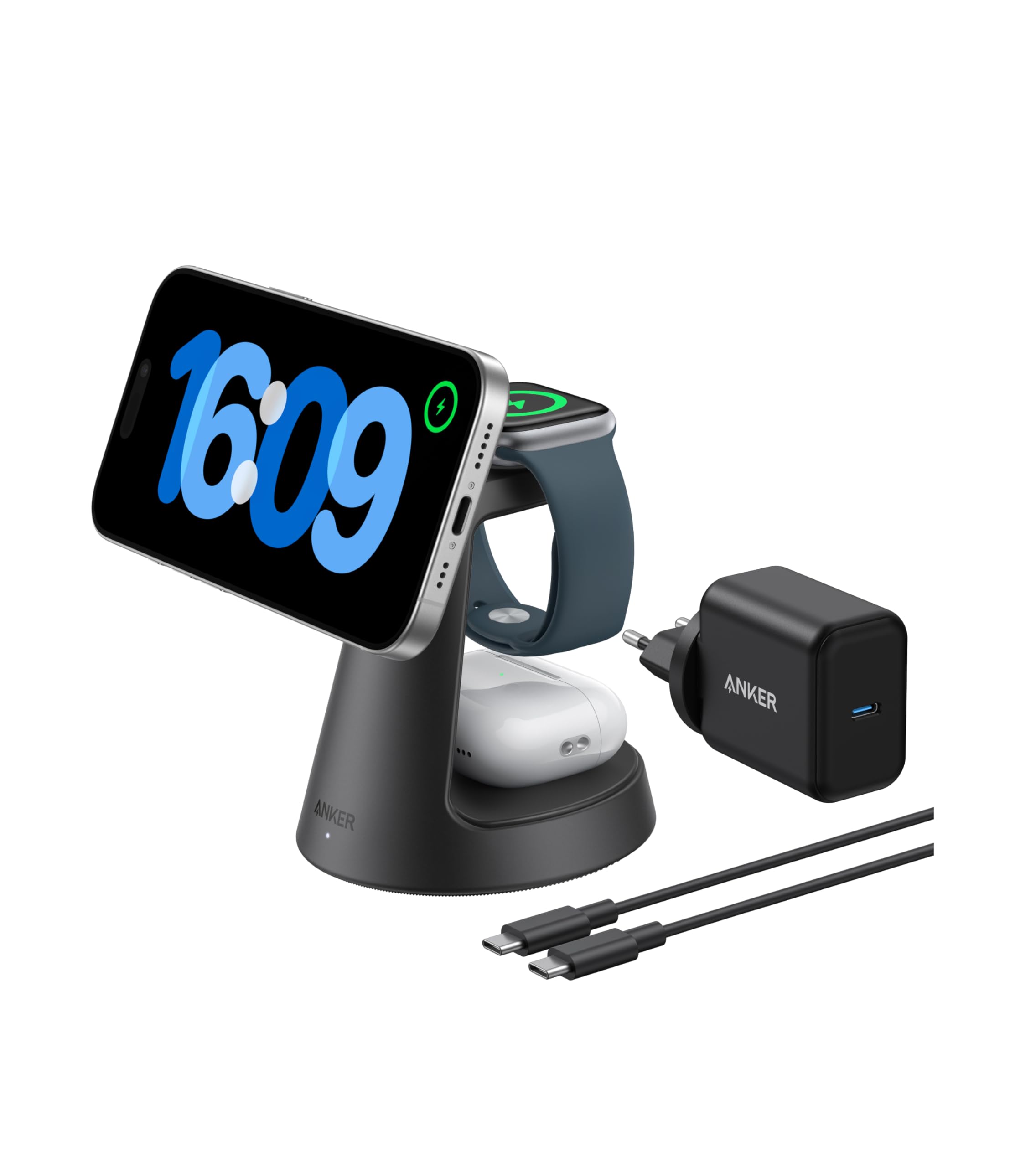 Anker MagGo 3-in-1 15W MagSafe kompatibles Ladegerät, iPhone Induktive Ladestation, Qi2-zertifiziert Wireless Charger für iPhone 17/16/15/14/13/12, Apple Watch, AirPods Pro und mehr (Adapter inkl.)