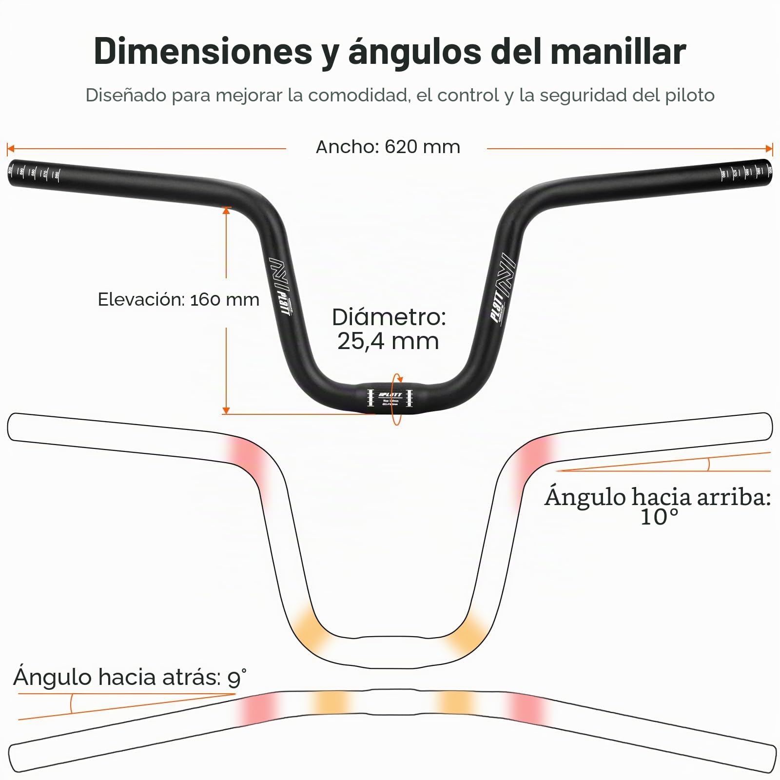 PLATT Manillar de bicicleta 25,4/31,8 * 620/780, manillar elevador de bicicleta de montaña de aleación de aluminio ligero, ideal para MTB (25,4mm-620mm, 160mm Rise)