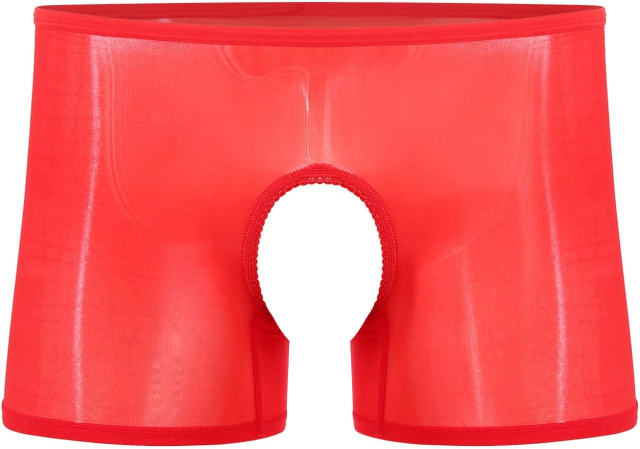 Sholeno Mens Underwear Oil Glossy See Through Open Crotch Boxer Briefs Low Rise Square Leg Boyshorts