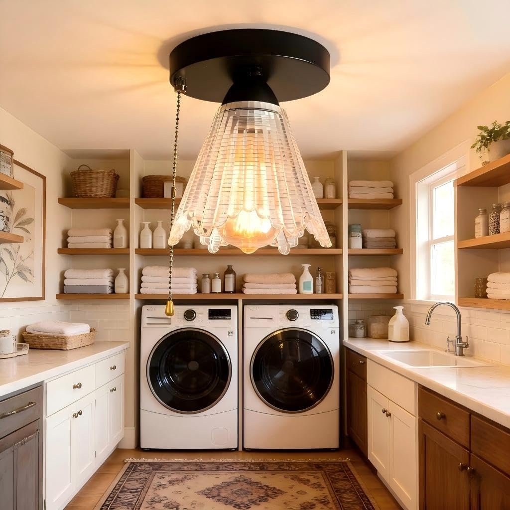Pull String Ceiling Light for Stairwell Kitchen Bedroom Hotel 1-Light E26 | Baiwaiz Flush Mount Light with Pull Cord Switch and Clear Glass for Entryway Hallway Pantry Laundry Mudroom Closet E26 170