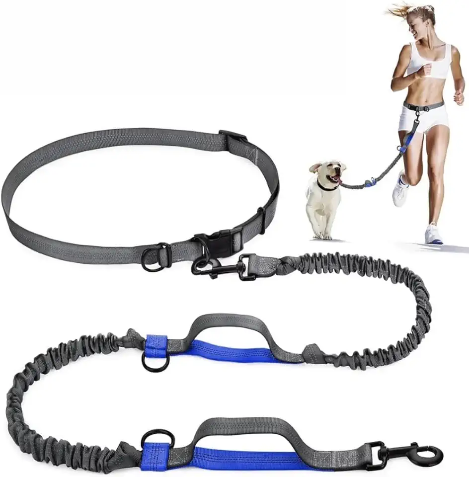Guia Coleira Cinto Mãos Livres Elástica Para Cintura Cachorro Pet Cão Caes Corrida Passeio Caminhada Ajustável(Preto com azul)