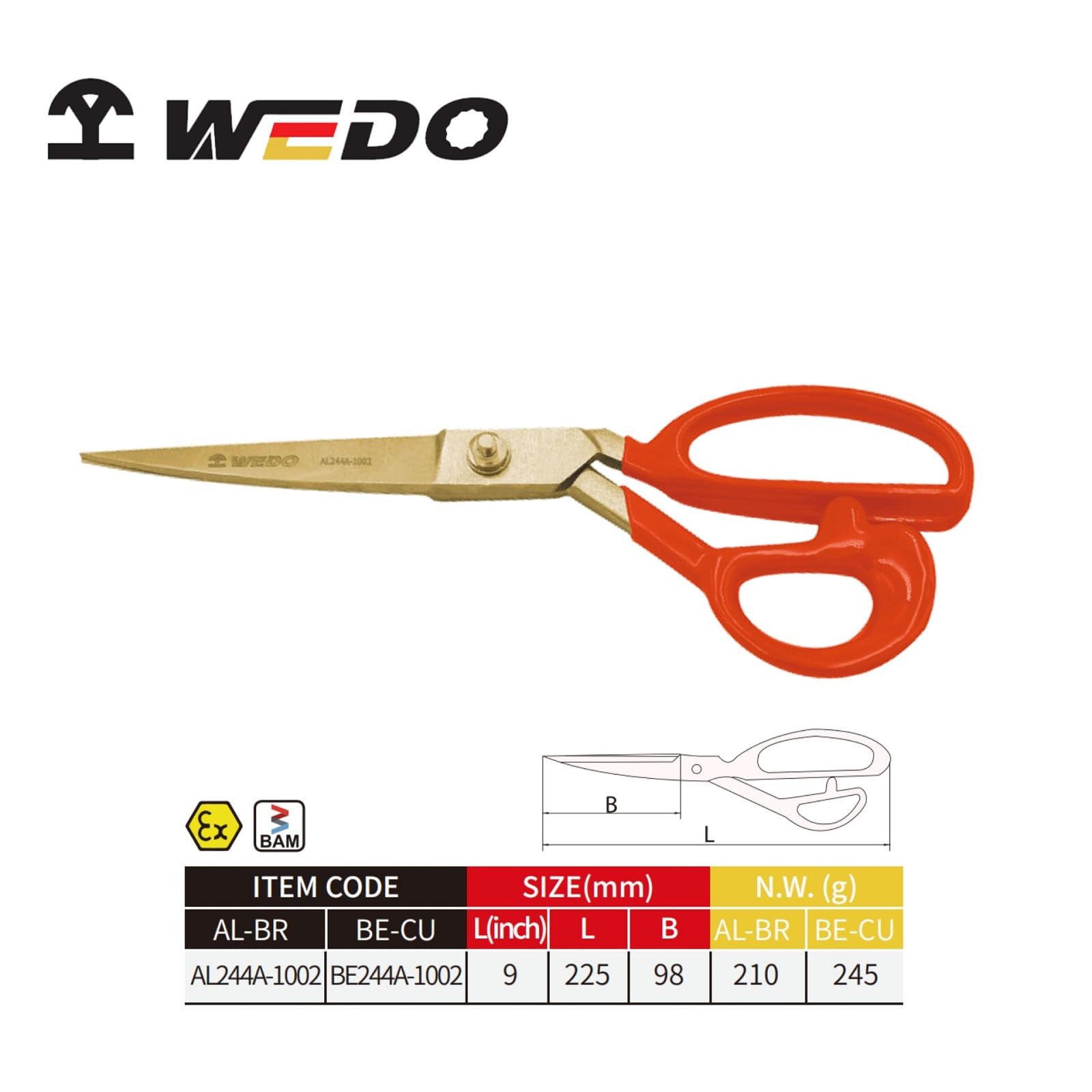 WEDO Funkenfreie 22,9 cm robuste Schere, Aluminiumbronze-Schere, Länge 225 mm, Hochleistungsschnitt, ergonomische und komfortable Griffe, Korrosionsbeständigkeit, BAM- und FM-Zertifikat