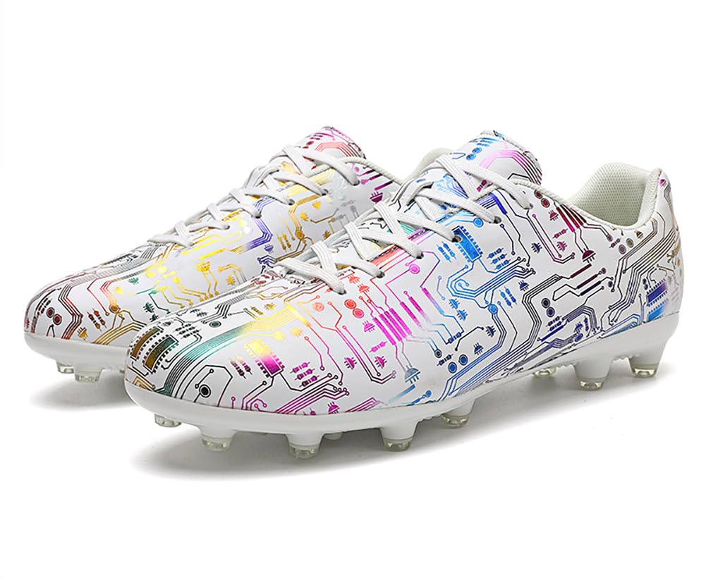 Mehlvdoy Unisex's AG Cleats Training Lightweight Sneaker Sports Non-Slip Long Studs Wear Resistant Football Soccer Shoes White 12/10.5 US