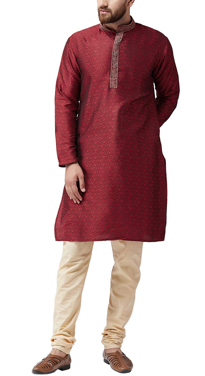 (Since 1958 Mens Maroon Jacquard Silk Kurta and Black Churidaar Pyjama Set-image-5