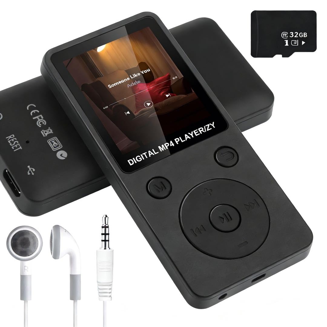 32GB Lecteur MP3 Bluetooth 5.3 avec Haut-Parleur Intégré, Baladeur Portable HiFi sans Perte 70H Autonomie, MP3 Sport avec Radio FM, Écran 1,8 Pouces, Extension Carte TF 128Go, Lecteur Musical Léger