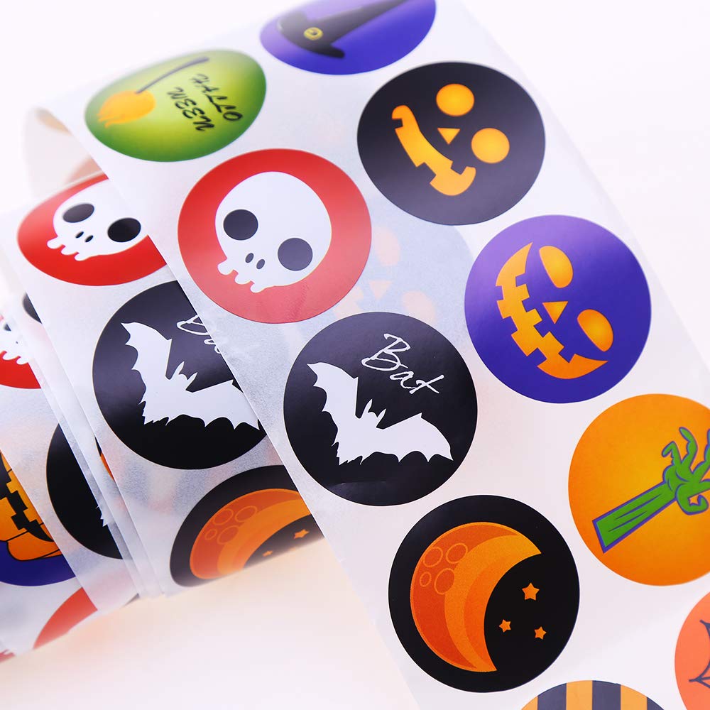 NQEUEPN Halloween Aufkleber – 1000 Stück, 2 Rollen, Runde Motive (Geister, Spinnen, Kürbis), ø 3,8cm