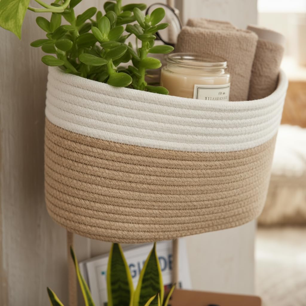 Hanging Wall Basket, Over the Door Hanging Basket with Hooks, 3-Tier Cotton Hanging Basket for Organizing, Decorative Boho Chic Decor for Wall, Bedroom, Living Room, Nursery, Whte & Jute - Image 8