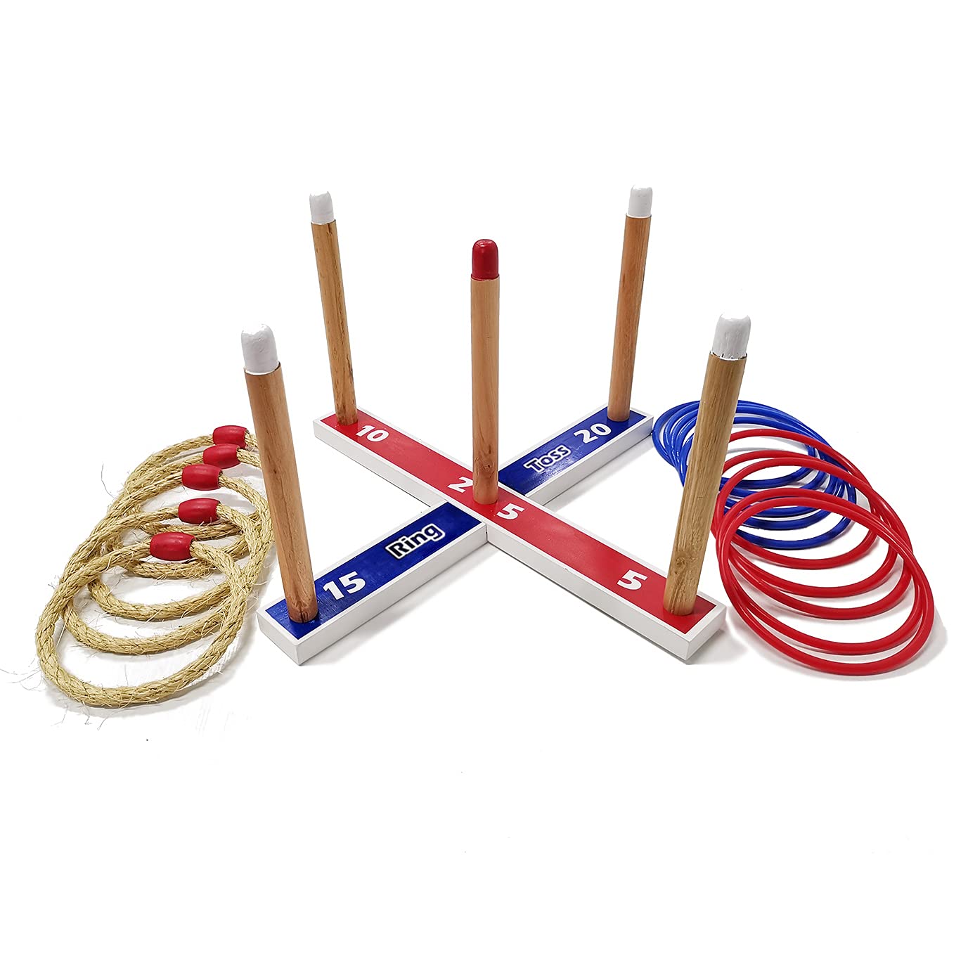 UISEBRT Werpspel ringwerpspel van grenen, tuinspelletjes, outdoor werpspel voor kinderen en volwassenen, met 5 speelstaven 5 nylon ringen, spel voor tuin, park, thuisfeest