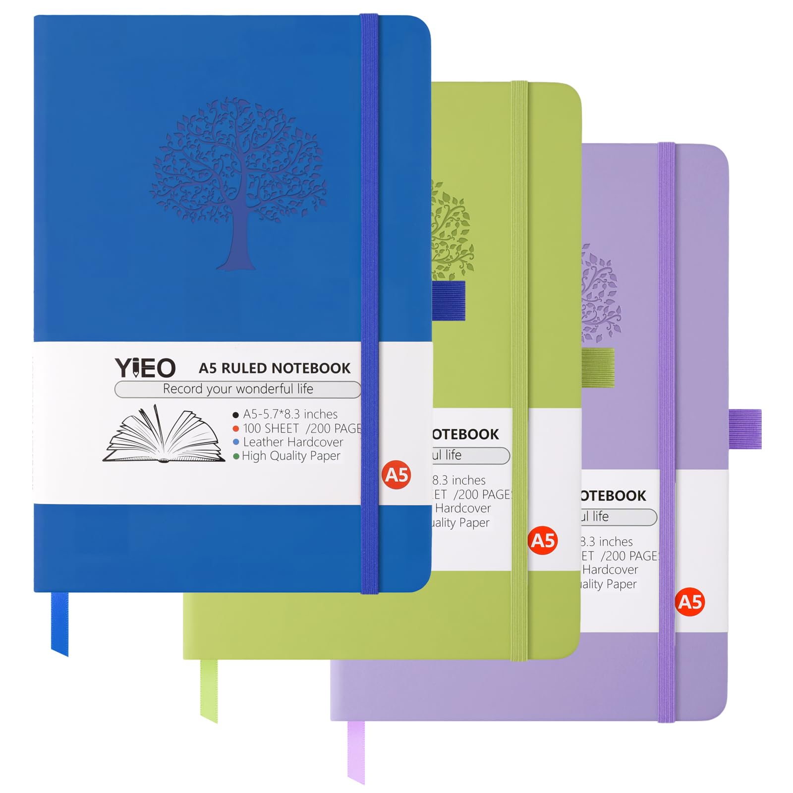YIEO A5 Journal Notebook, 3 Pack Leather Notebook Journal for Men/Women, Hardback Note Book with 80GSM Lined Paper, No Bleed for Writing, Notepad for Office School Supplies (Blue, Purple, Green)