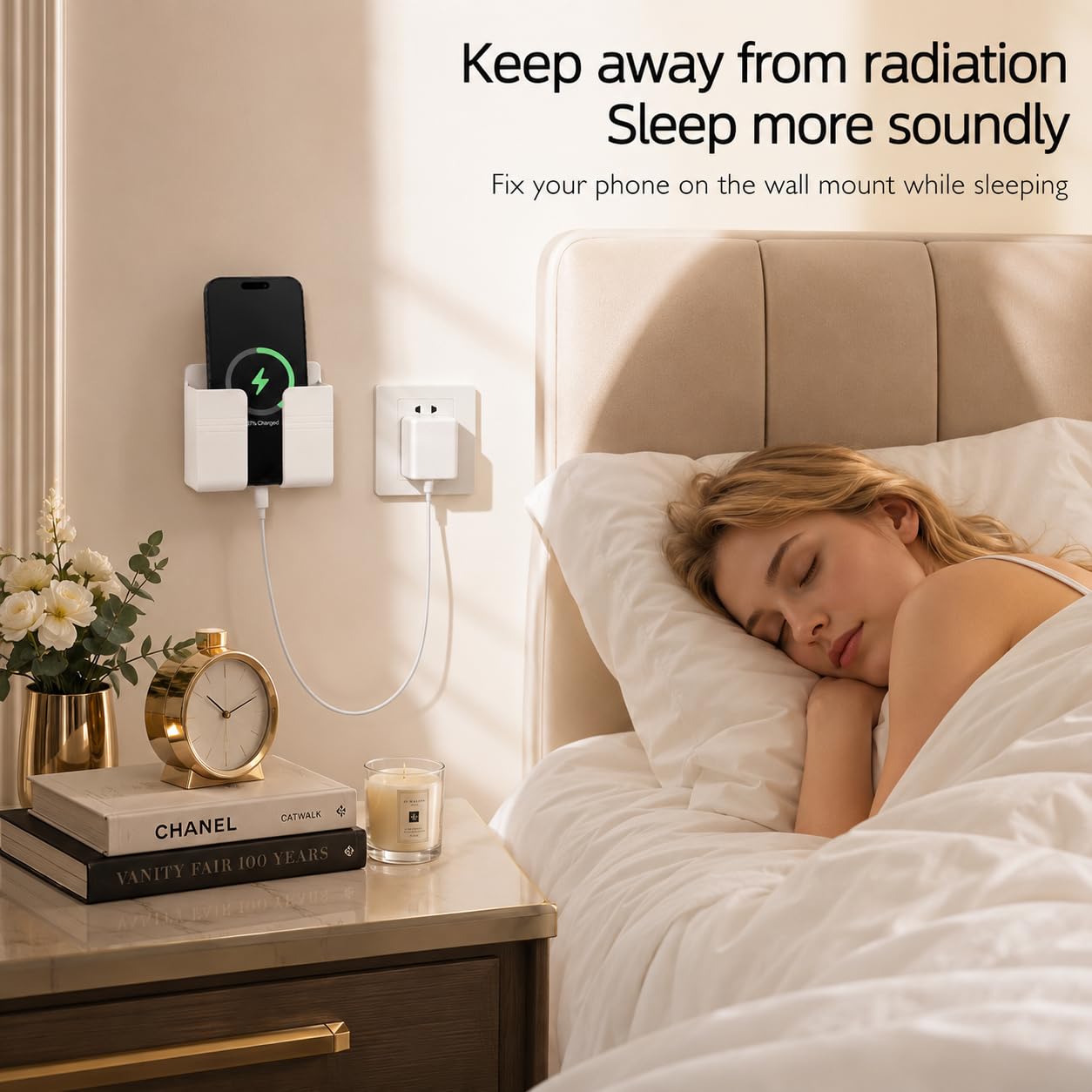 D1 Supporto da parete per telefono, supporto per telefono con adesivo e cavo dati, supporto per doccia, ricarica, camper, compatibile con iPhone, telecomando TV, smartphone e altro (bianco)