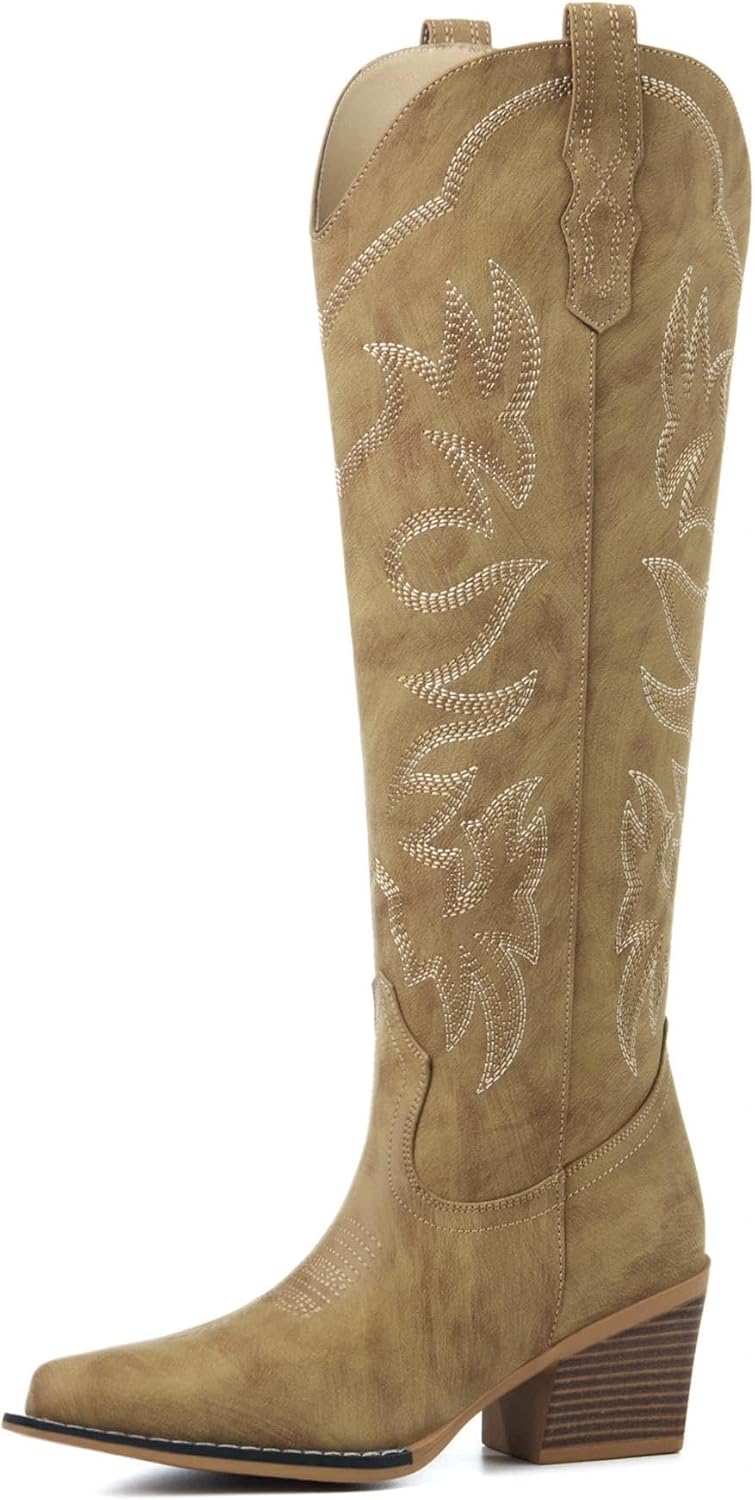Cowboy Boots for Women, Cowgirl Boots Knee High with Snip Toe, Chunky Heel and Classic Embroidery for Concert Wedding Rodeo Party
