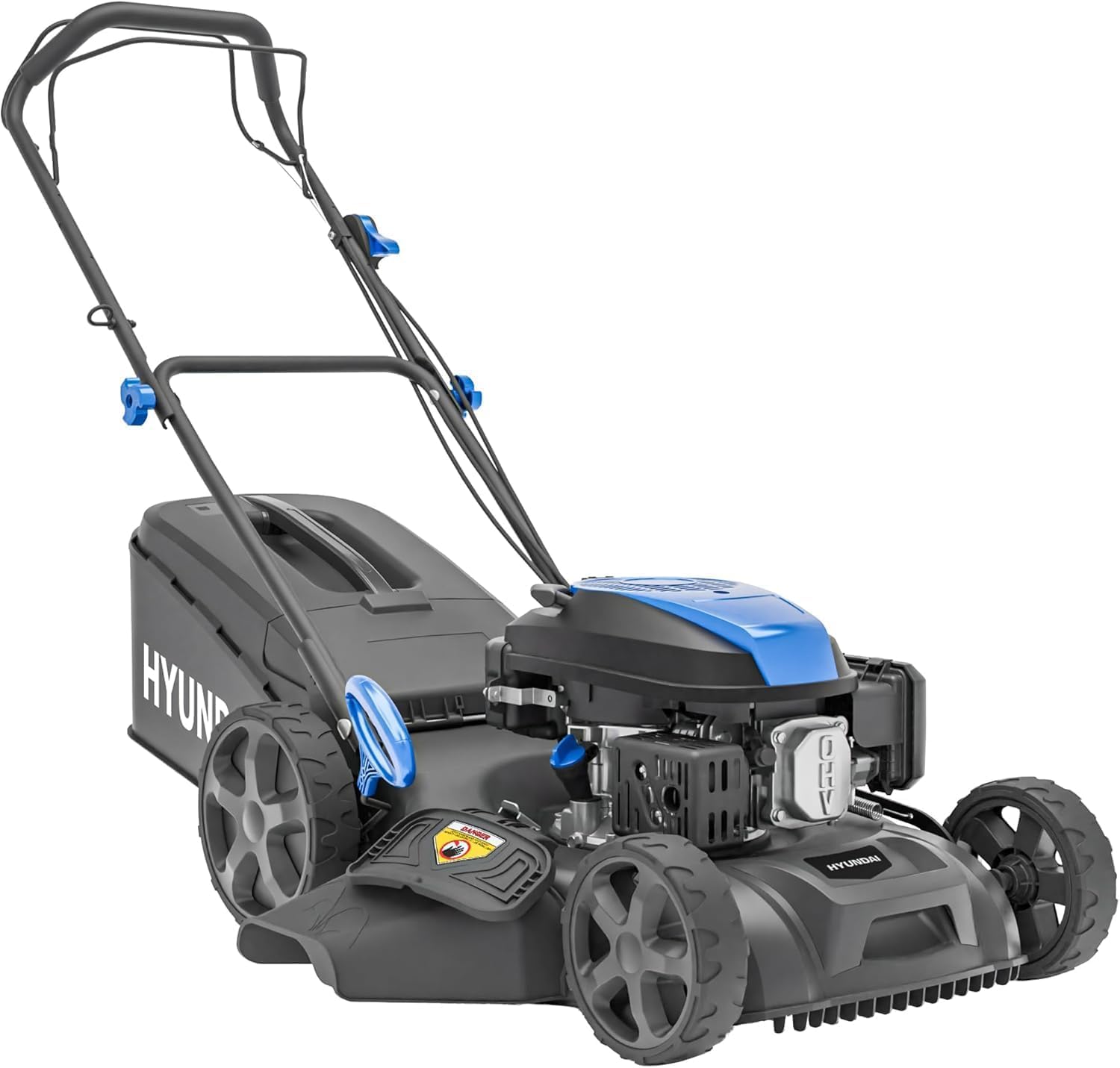 Hyundai 18” 46cm Self-Propelled Petrol Lawnmower, 139cc 4-Stroke Engine, 4-in-1 Mulch Bag Side & Rear Discharge, 60L Grass Box, Steel Deck