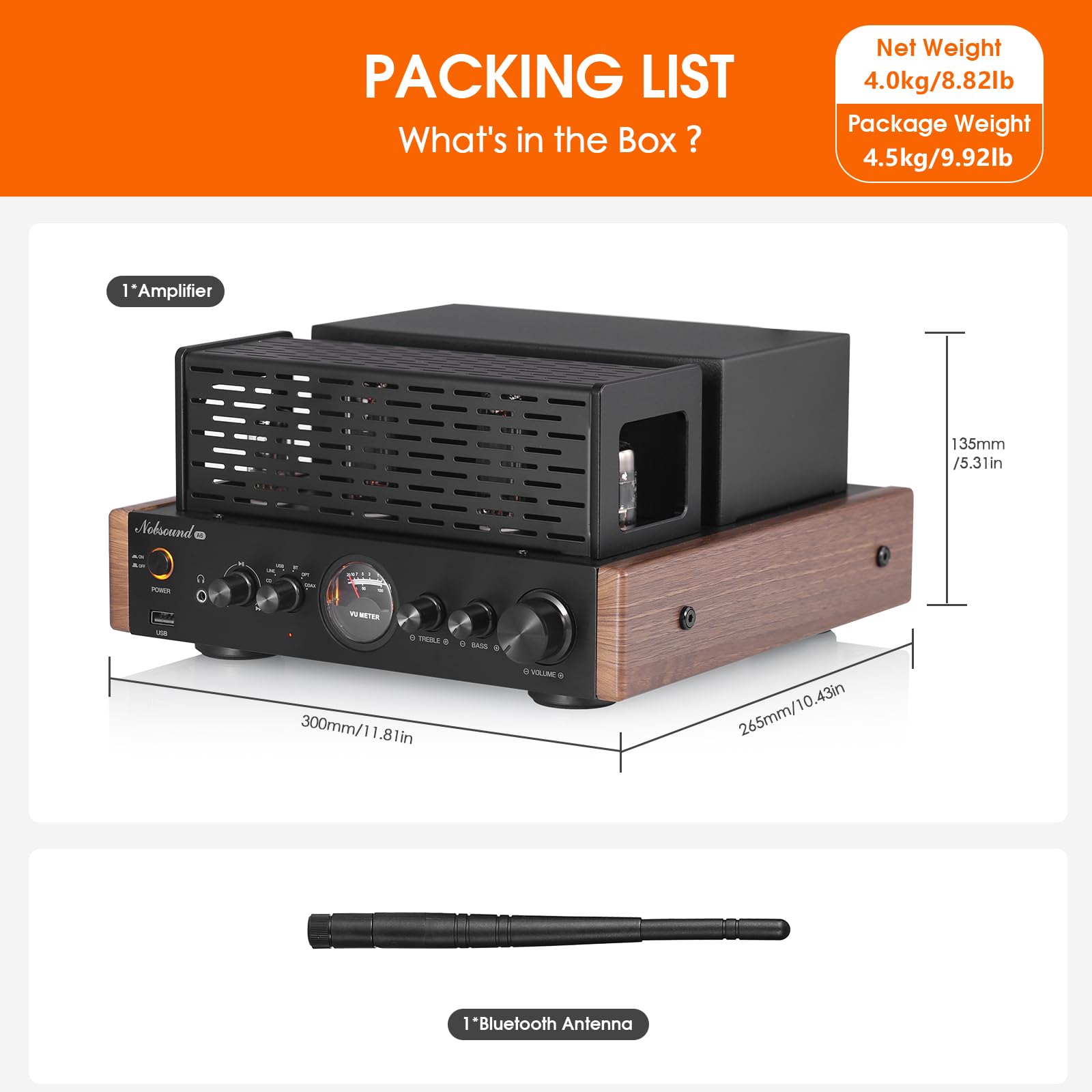 Nobsound Amplificatore a valvole Bluetooth HiFi: amplificatore stereo ibrido con ottico, coassiale, due ingressi RCA e USB, con misuratore VU, per altoparlante, cuffie