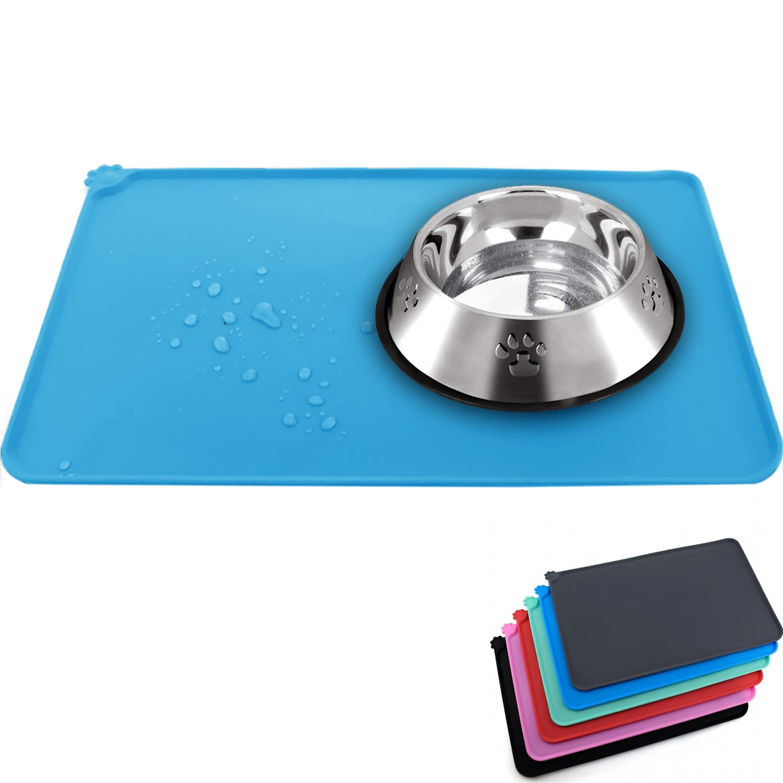SUOXU Pet Feeding Mat,Waterproof & Non Slip Silicone Bowl Mat,for Dog Feeding Bowl and Water Bowls Pet Food Mat for Medium and Large Dogs(54x38cm, Blue)