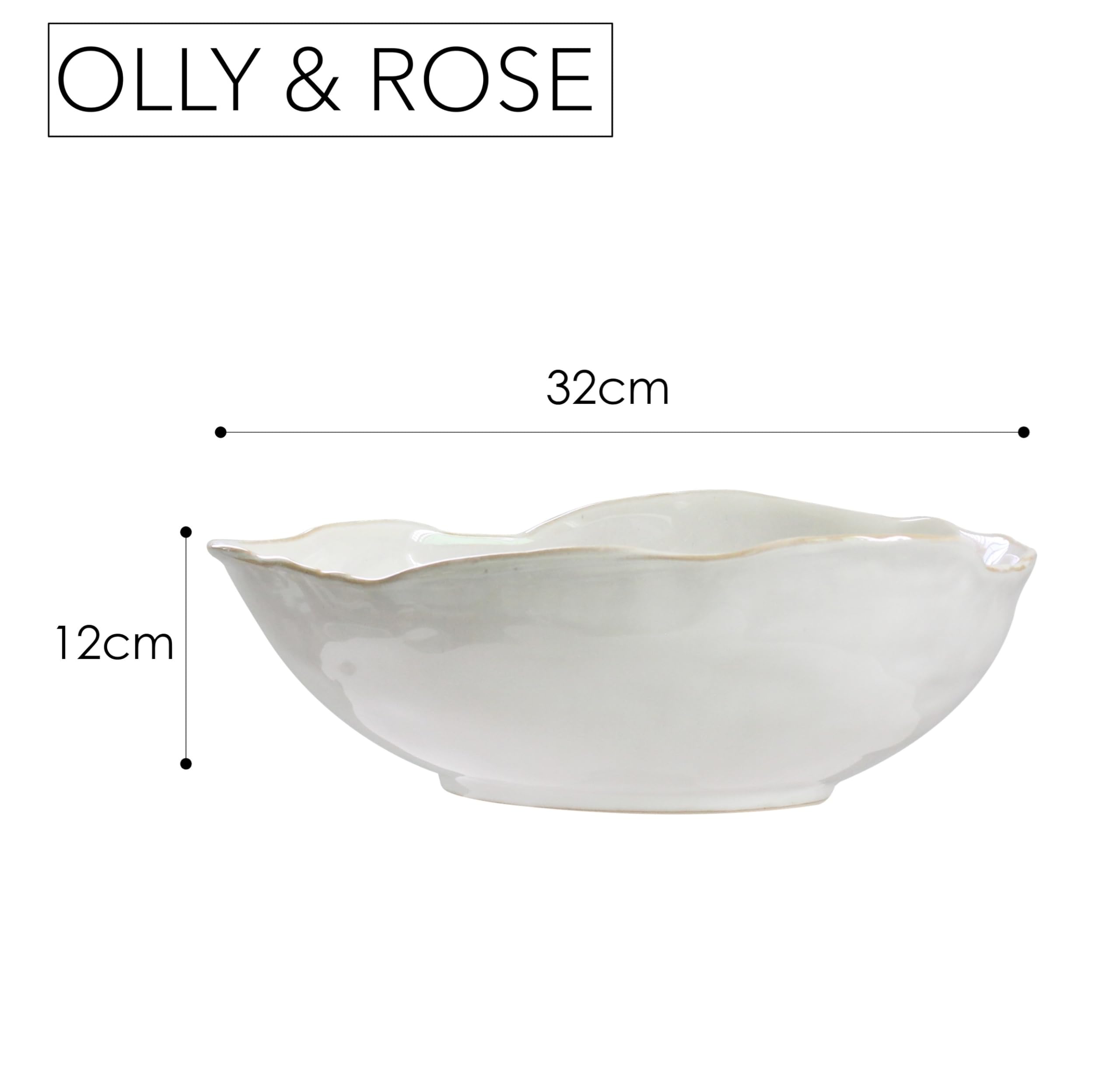 Olly & Rose cuenco grande de gres, blanco brillante con borde beige, ensalada de cerámica de 32 cm de diámetro, fruta, pasta y cuenco de exhibición