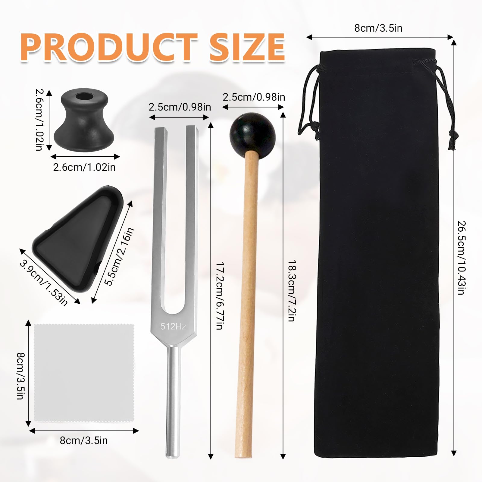 Juego de diapasón de 512 Hz, aleación de aluminio, terapia de frecuencia, diapasón, neurología, con martillo de silicona, base triangular y silicona, paño de limpieza, bolsa de terciopelo suave