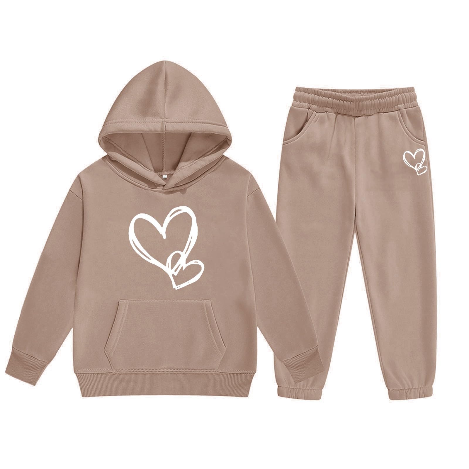 Conjunto deportivo con capucha para niñas, estampado de corazón, caqui, 9-10 años