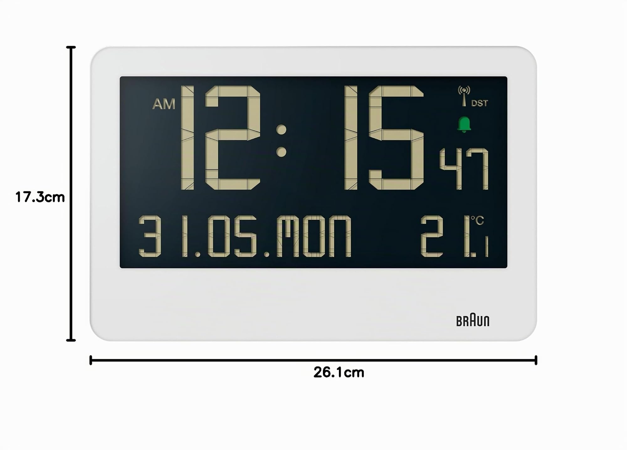 Braun Orologio da Parete Digitale Radiocontrollato con Ora dell'Europa Centrale (DCF) con Temperatura, Data, Giorno, Ampio Display LCD Reverso, Allarme Acustico Crescendo in Bianco, Modello BC14W-DCF
