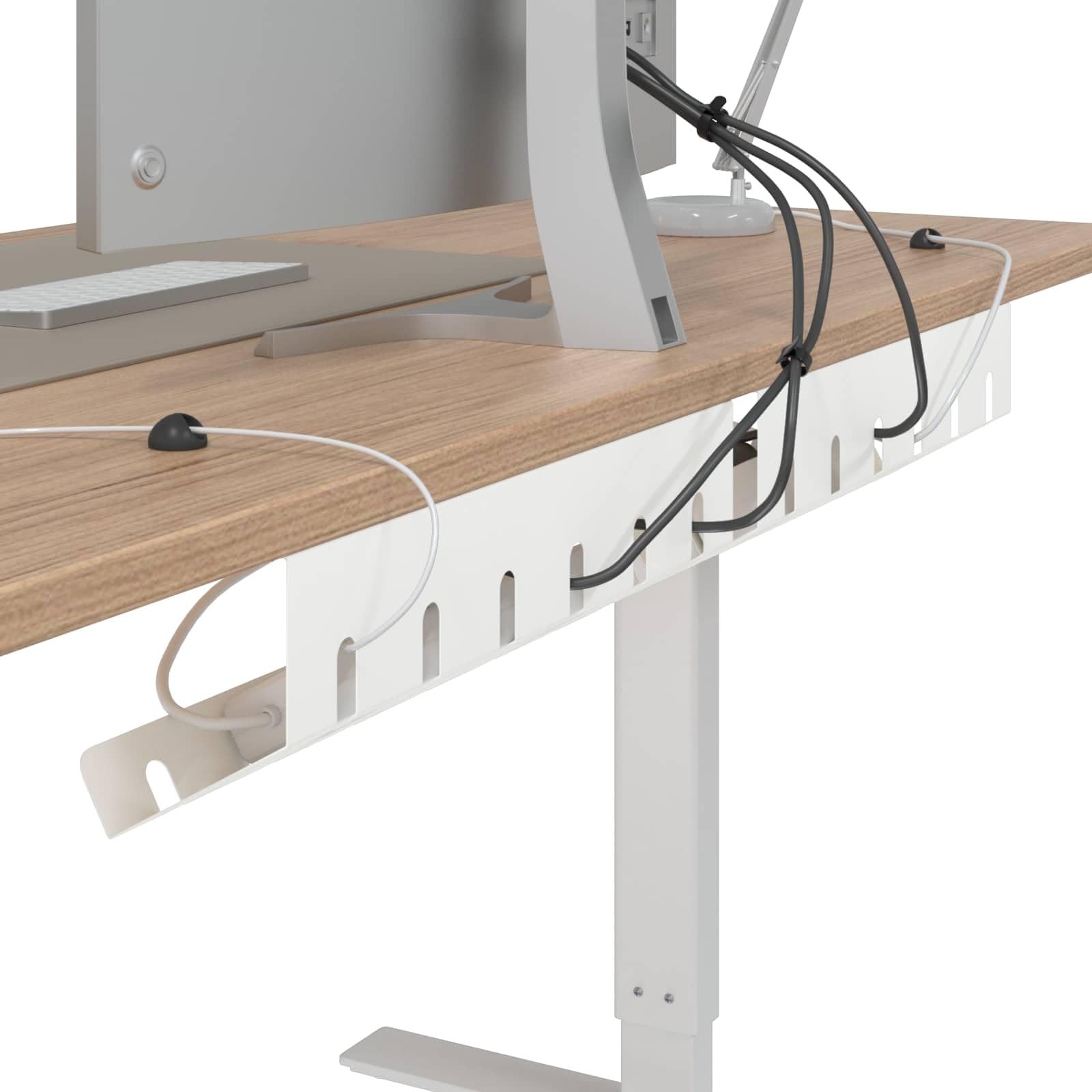 Set di vassoio per la gestione dei cavi, bianco, in acciaio, per organizzazione della scrivania, canalina e scatola per cavi per ufficio, gaming, TV e PC, con clip per cavi e materiale di
