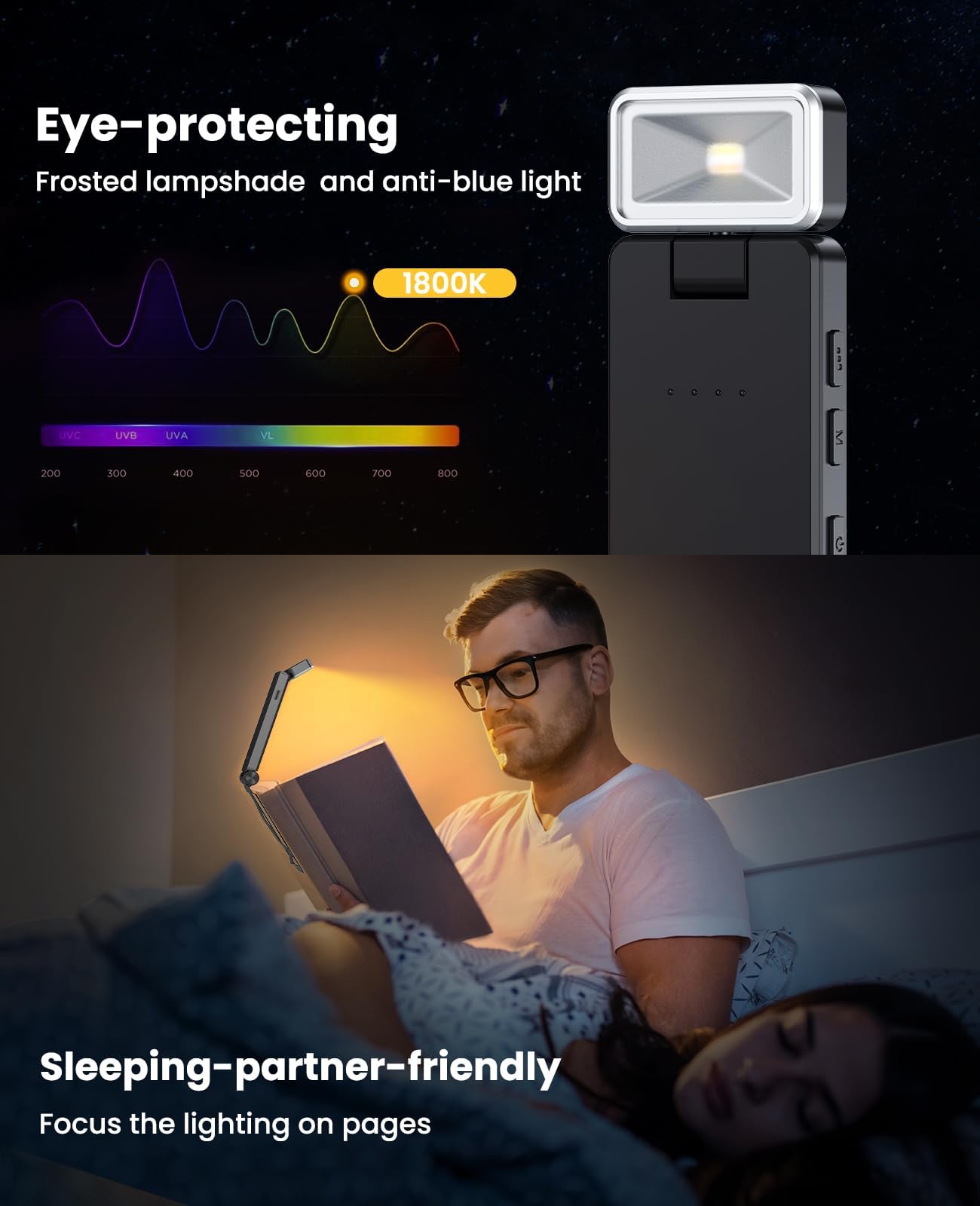 Luz de Lectura, Lampara de Lectura con Pinzas, LED Luz Lectura USB Recargable, 3 Colores y 3 Brillos Continuamente Ajustables, Luz Anti-Azul, Regalo para Niños y Amantes de la Lectura