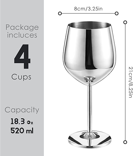 Miniatura 2 de Juego de 4 copas de vino de acero inoxidable de 18 onzas plateadas, vasos irrompibles, elegantes y modernos, vasos de metal portátiles con tallos de