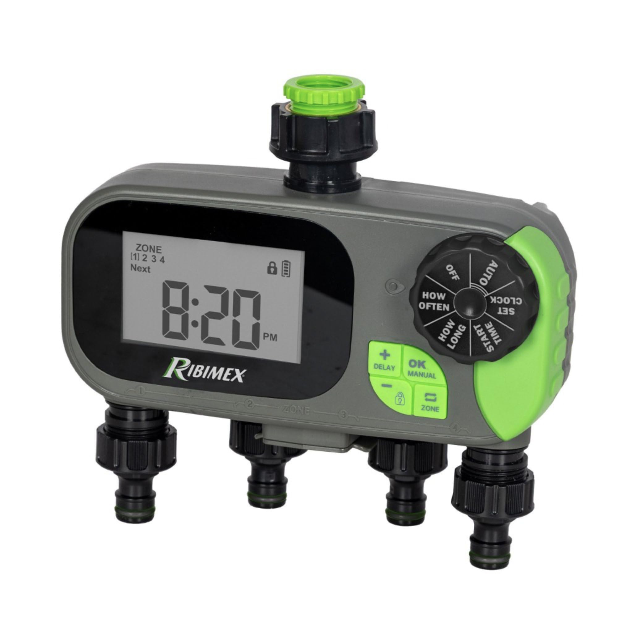 Ribimex Programmatore Digitale Irrigazione 4 Vie, Attacco 1''-3/4'', 4 Programmazioni 1-7 Giorni, Cicli 1 Min-4 Ore, Portata 5-35 L/min, Filtro Metallico, Alimentato a 4xAA Non Incluse - Pra/PB.1391