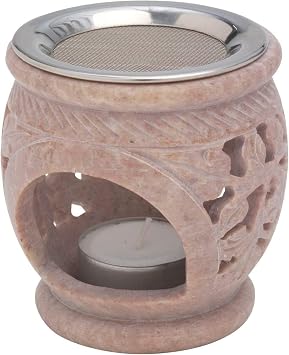 Soapstone Incense Burner by MaMeMi 3.3 in Tall, 3.3 in Wide Unique Natural Color with Stainless Steel Sieve TEALIGHT Aroma Warmer for Herbs, Oils, Resin Handcrafted in India