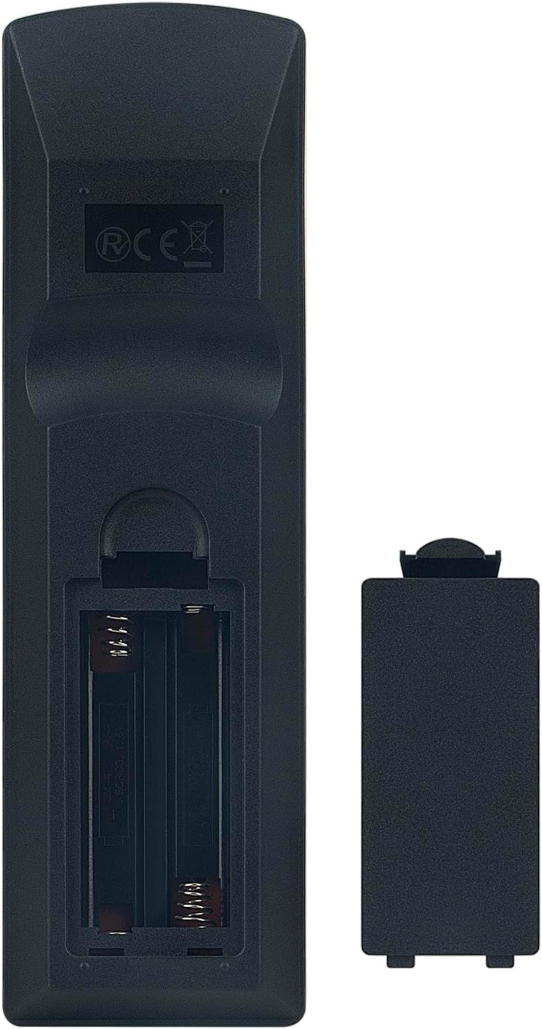 Rear view of the remote control with the battery compartment open, showing slots for two AAA batteries.